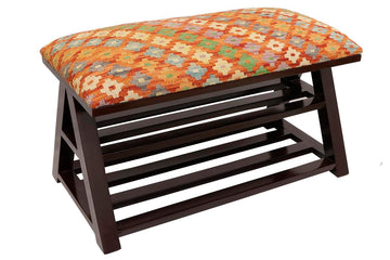handmade Traditional Shoe Rack Rust Blue Hand-made RECTANGLE Vegetable dyed wool and wood  36'' x 17'' x 22''